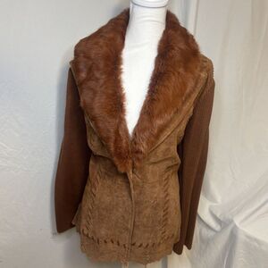 Nygard Suede Fur Knit Sweater Jacket Removable Collar Perforated Womens Brown